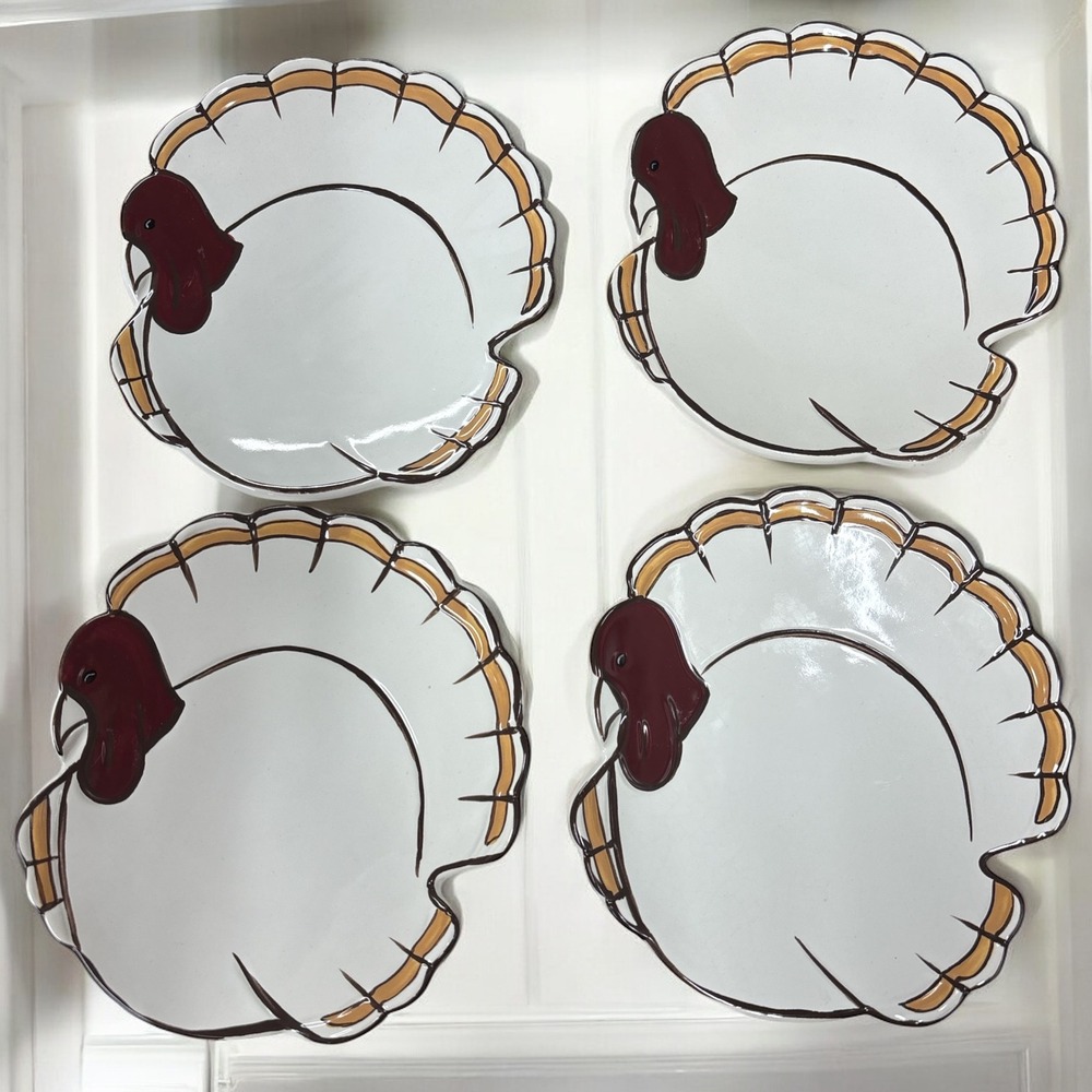 Pottery Barn Gobble Turkey Salad Dessert‎ Plates 4 PC Thanksgiving Fall Harvest